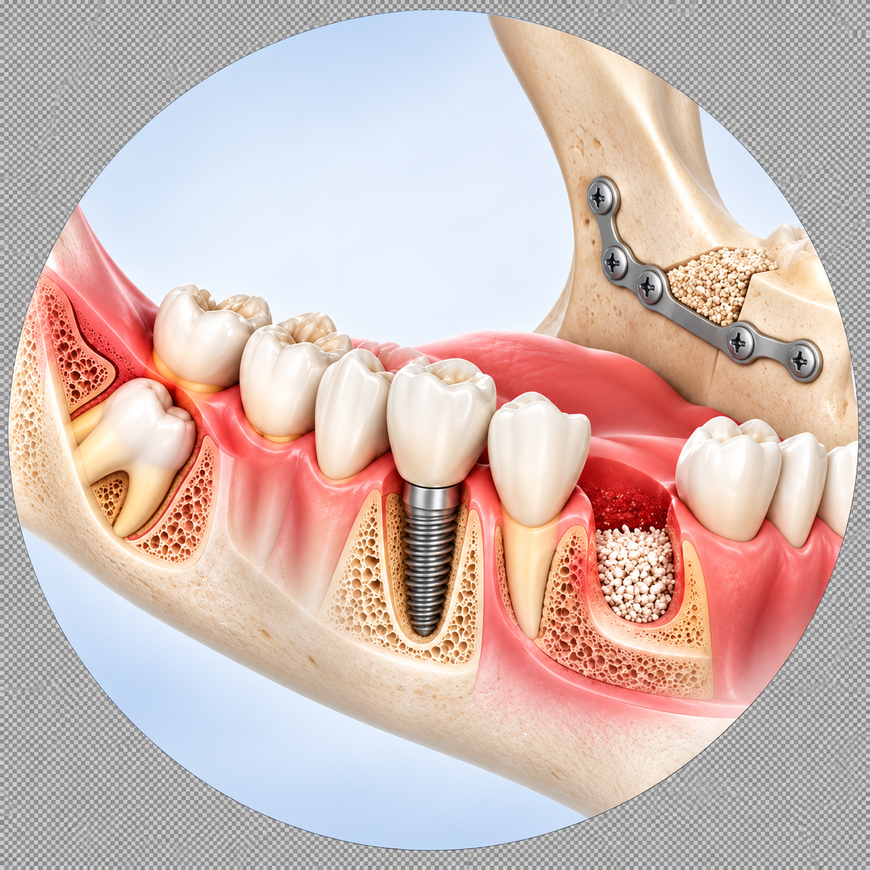 3D illustration of oral surgery procedures including wisdom tooth removal, dental implant placement, bone grafting, and jaw surgery.